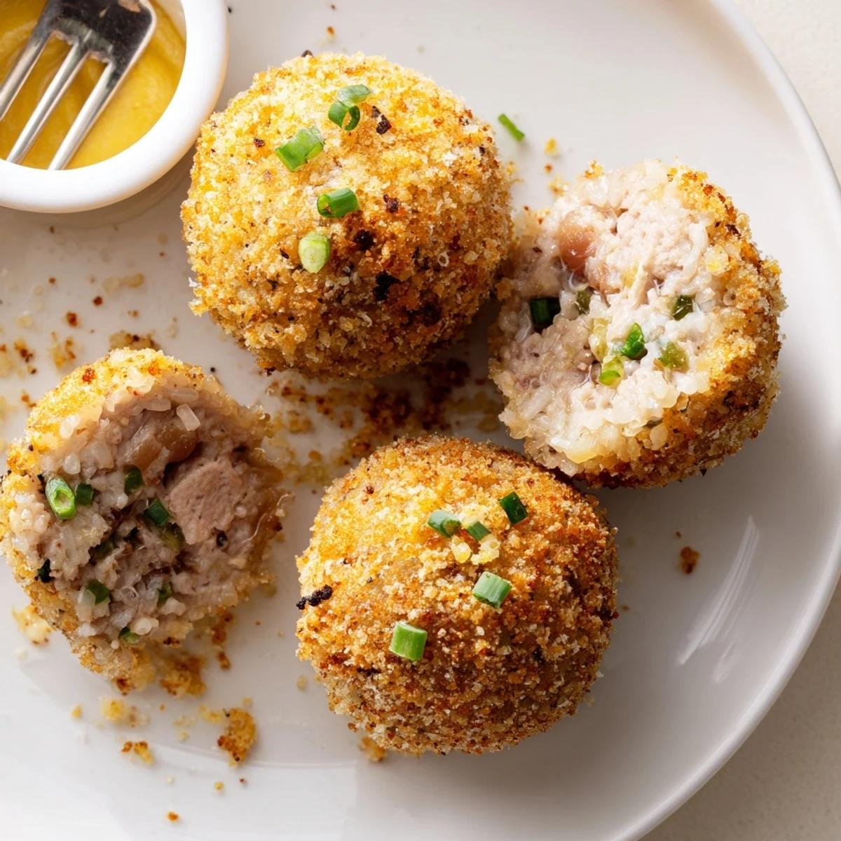 Hand holding Cajun Boudin Balls, crunchy coating giving way to warm pork