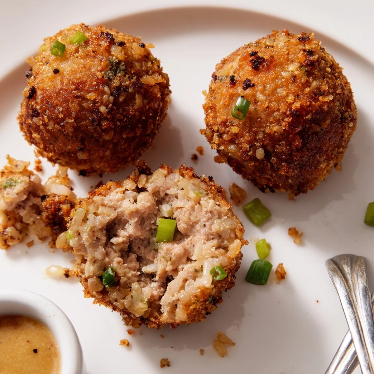 Pile of Cajun Boudin Balls on platter, spicy aroma, Creole mustard dipping