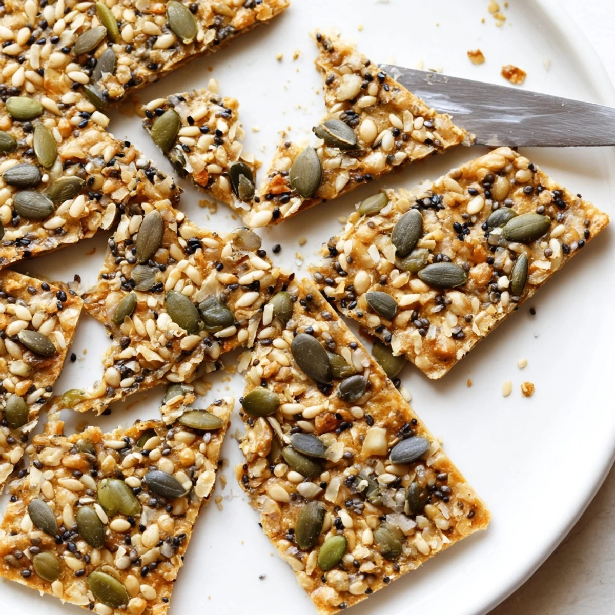 Seed Crackers stacked on a plate, golden edges, rustic crunchy texture