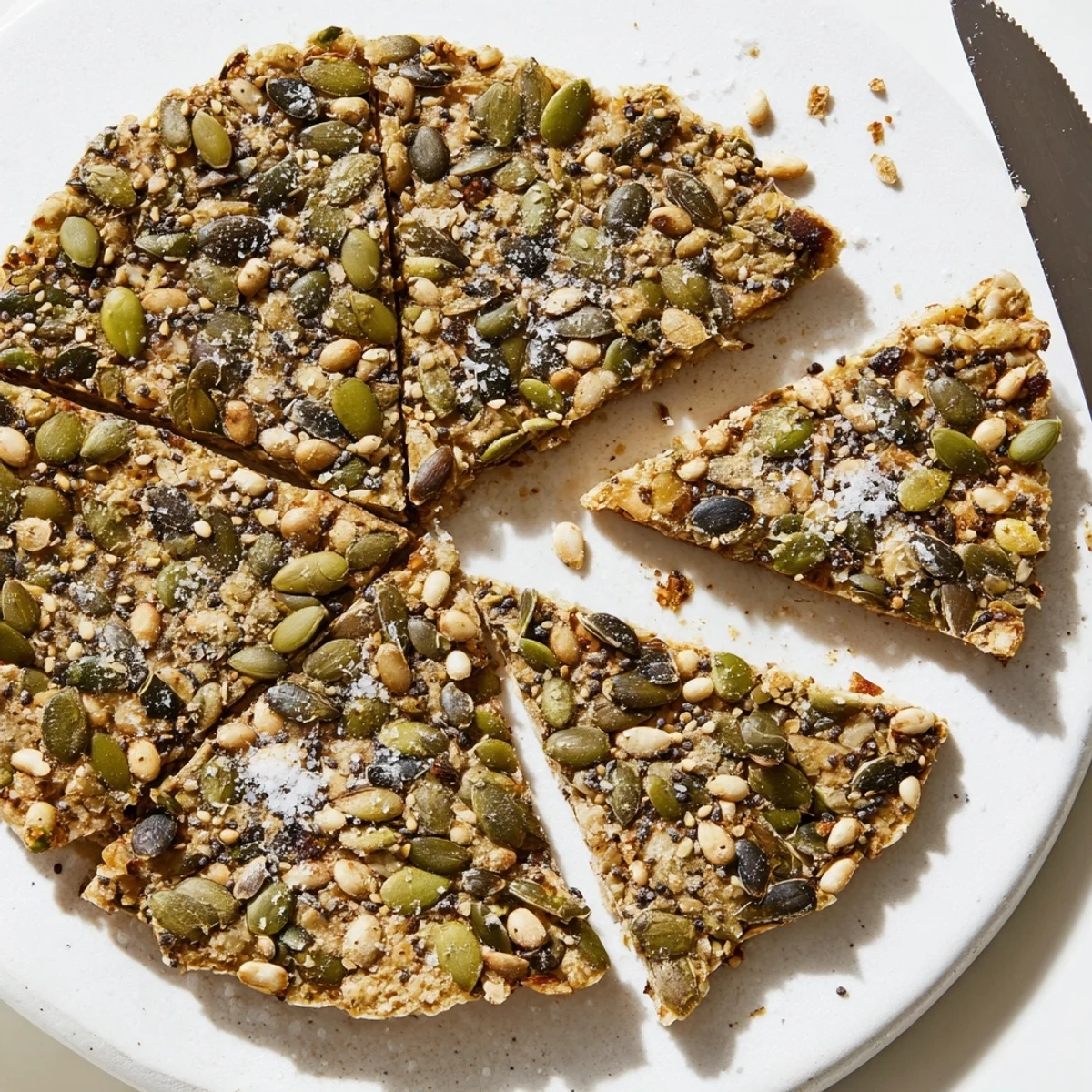 Thin Seed Crackers broken into pieces beside hummus, sesame flecks visible