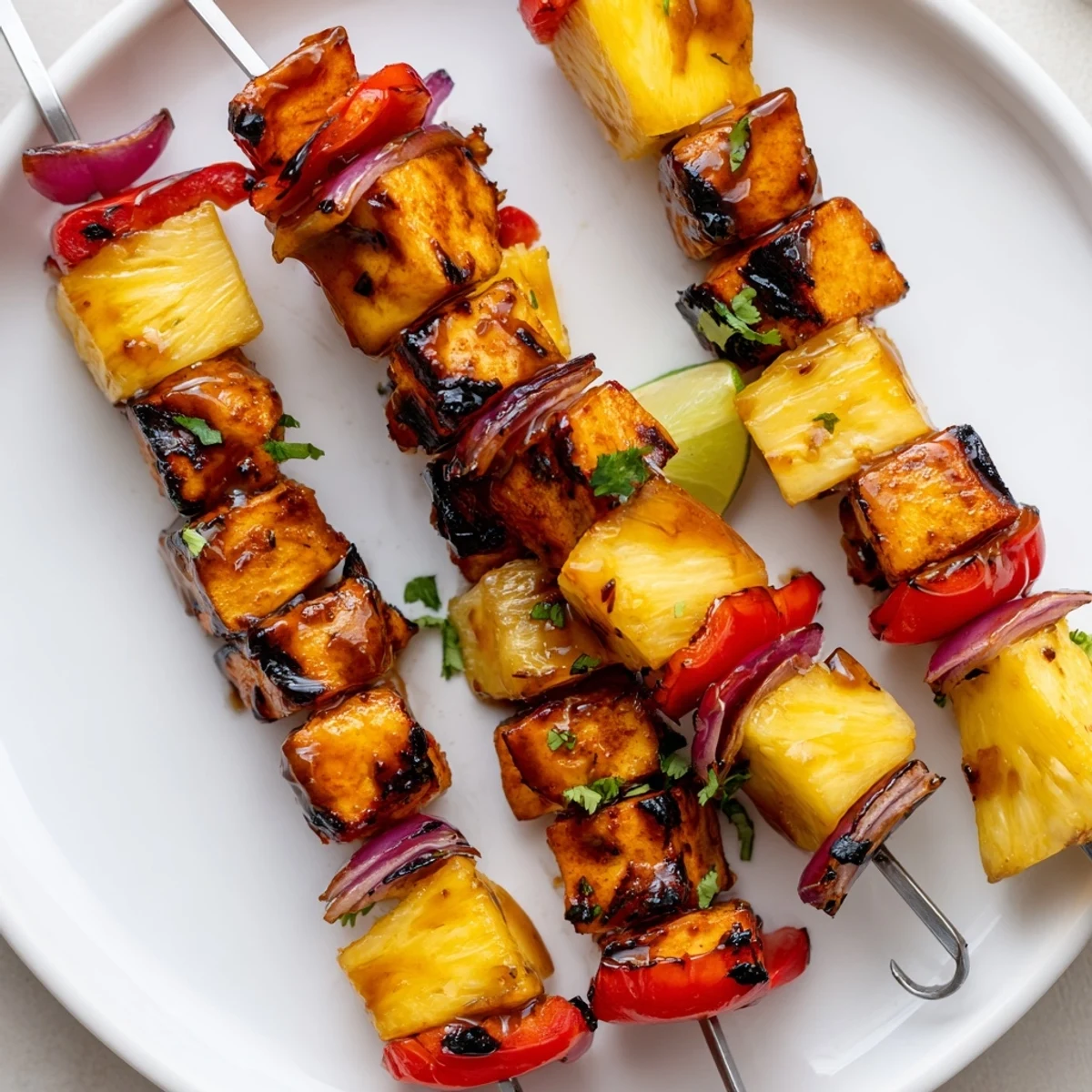 Grilled Pineapple Chicken Kabobs recipe sizzling with charred edges, juicy pineapple chunks