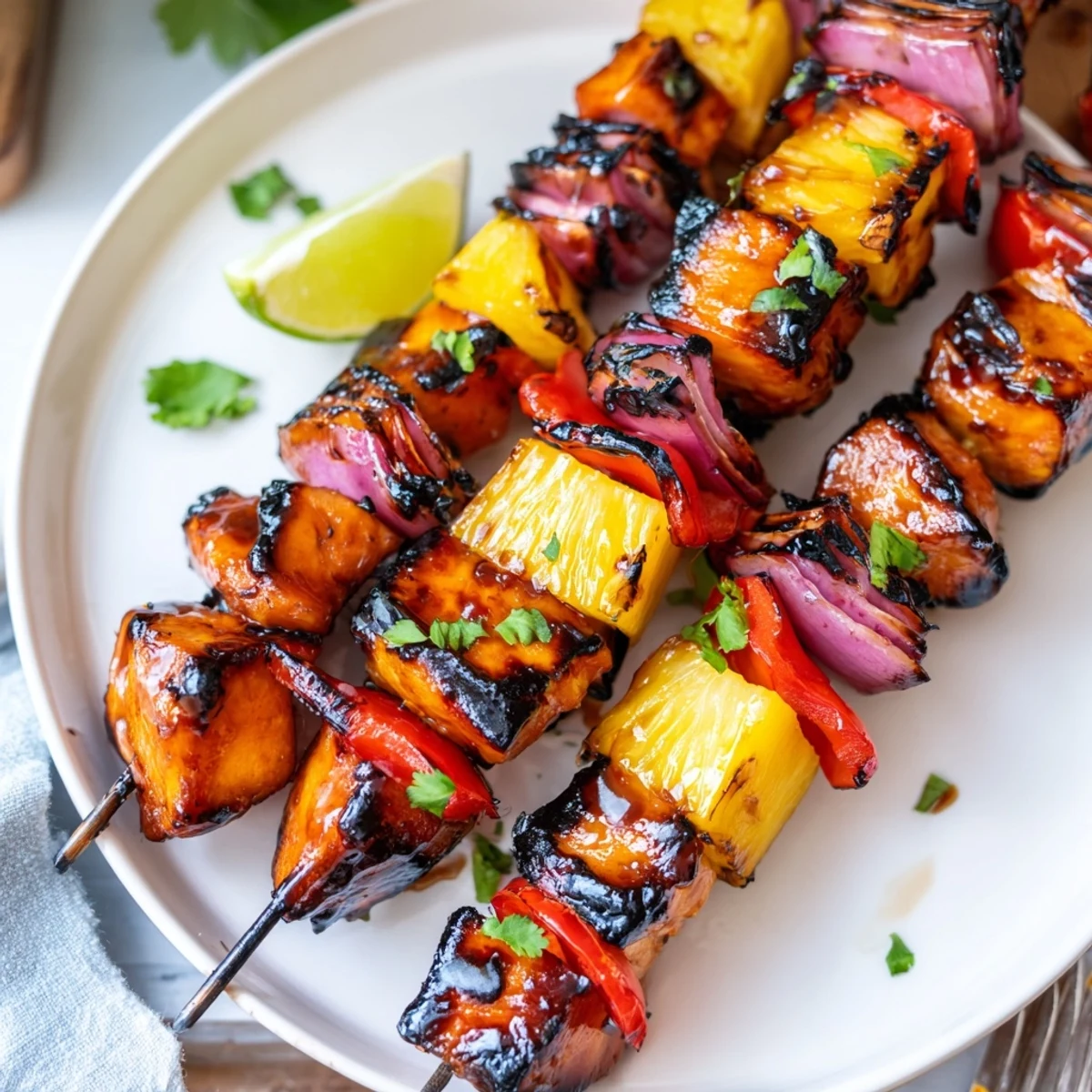 Skewered Grilled Pineapple Chicken Kabobs brushed with honey-lime glaze, smoky aroma