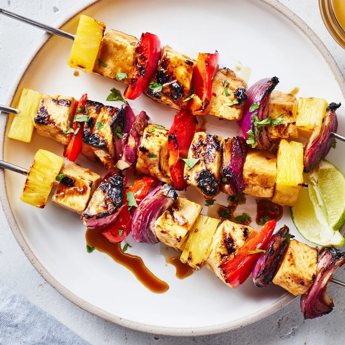 Marinated Grilled Pineapple Chicken Kabobs served hot with cilantro and lime wedges