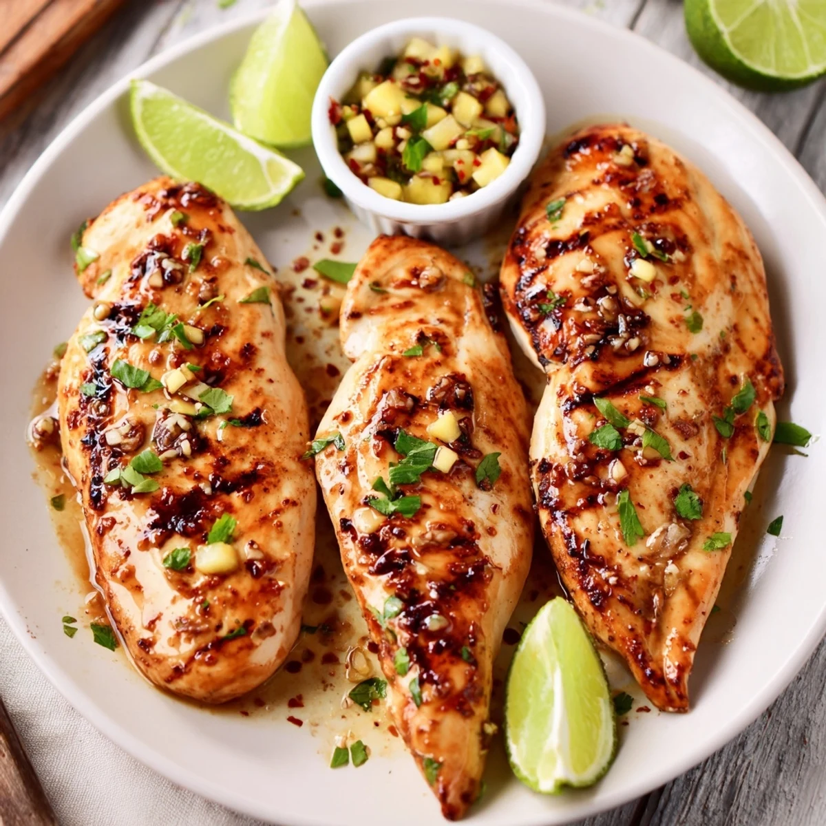 Key West Grilled Chicken glistening with citrus glaze, resting on lime wedges.