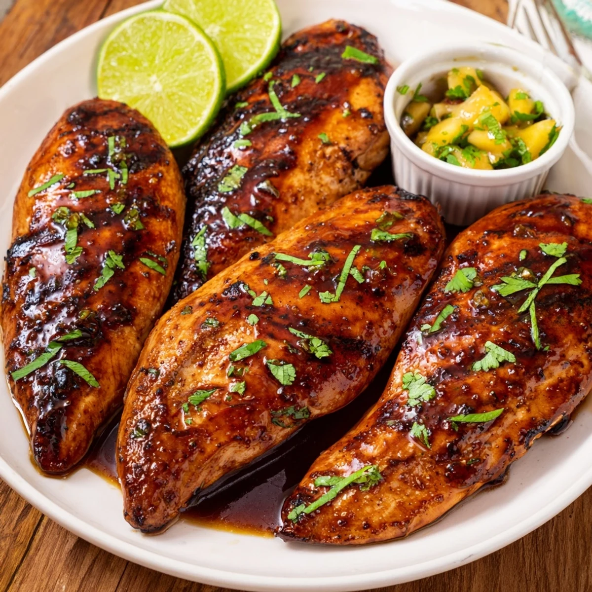 Sliced Key West Grilled Chicken, tender and citrus scented on a wooden board.