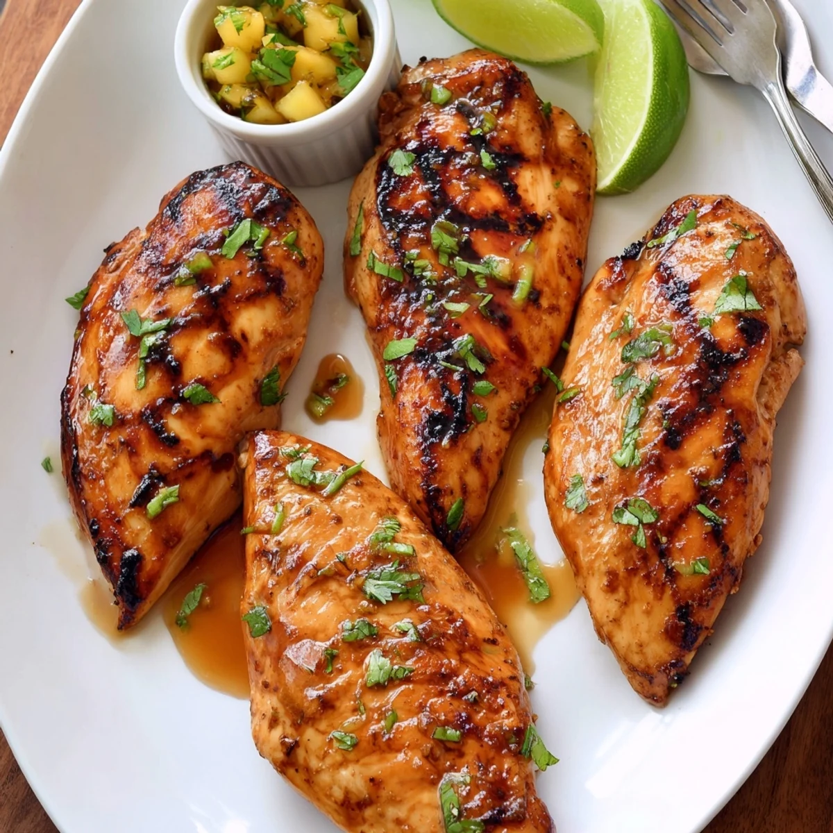 Smoky Key West Grilled Chicken sliced over rice, cilantro and mango salsa.