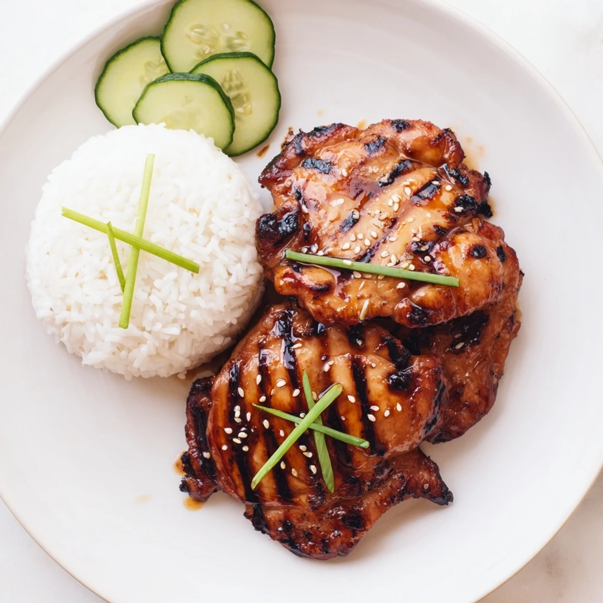 Juicy Japanese BBQ Chicken Thighs glistening with sesame and charred grill marks