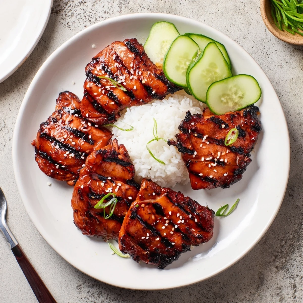 Grilled Juicy Japanese BBQ Chicken Thighs brushed with glossy reduced marinade