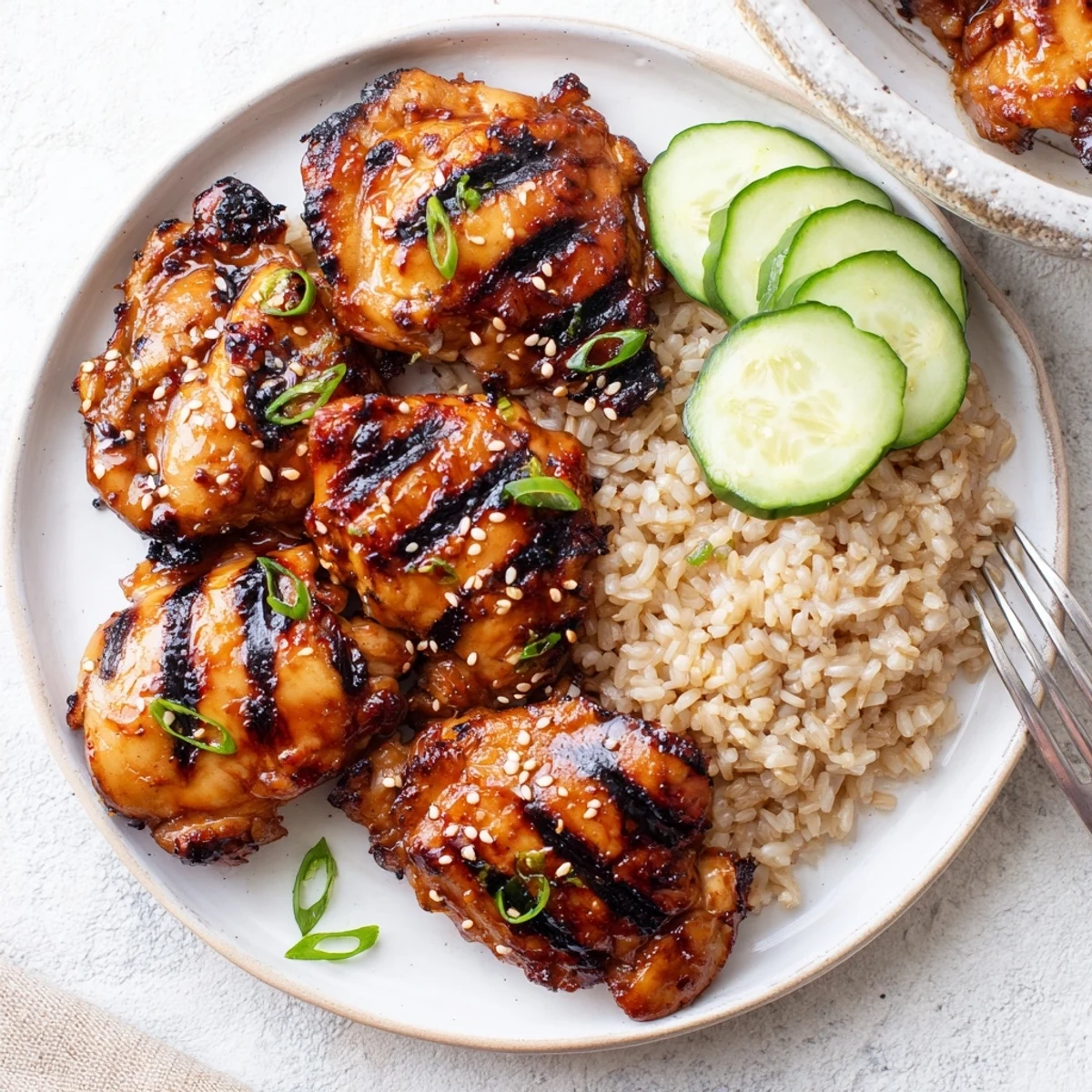 Family-style Juicy Japanese BBQ Chicken Thighs served over steamed rice, scallions