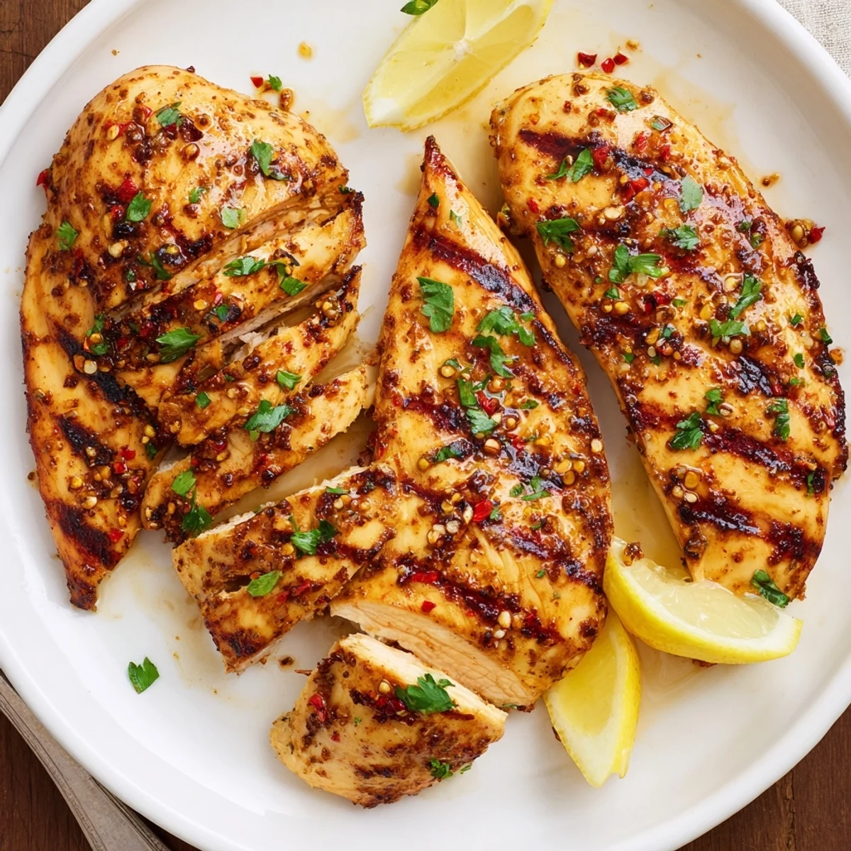 Grilled Chicken with lemon wedges, smoky char marks and juicy interior