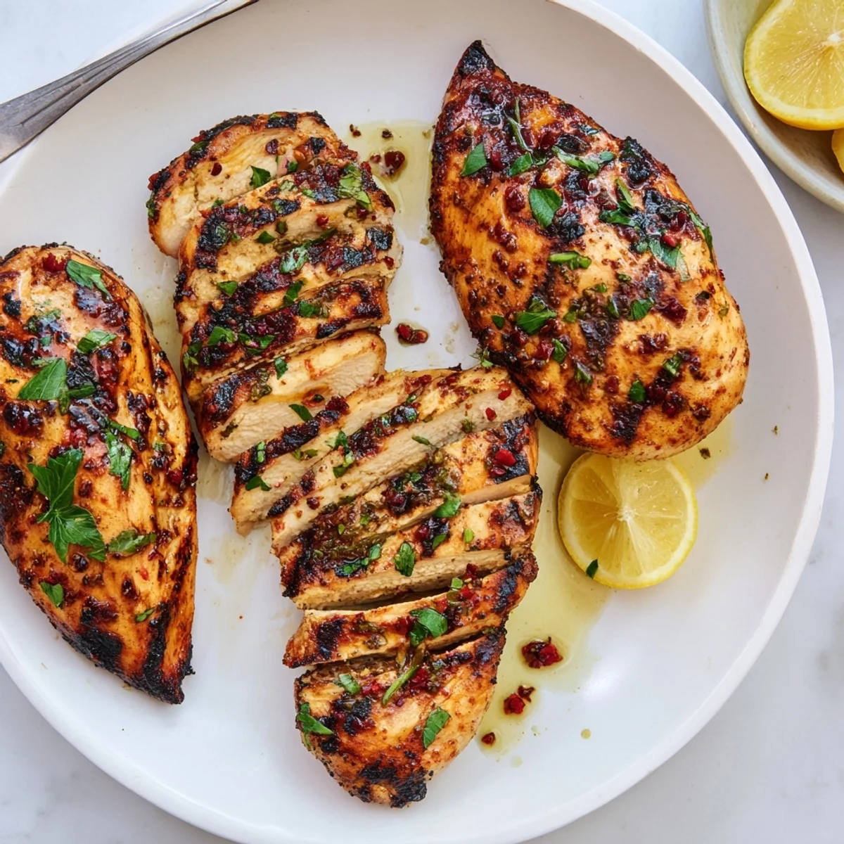 Marinated Grilled Chicken resting on plate, garnished with parsley and lemon