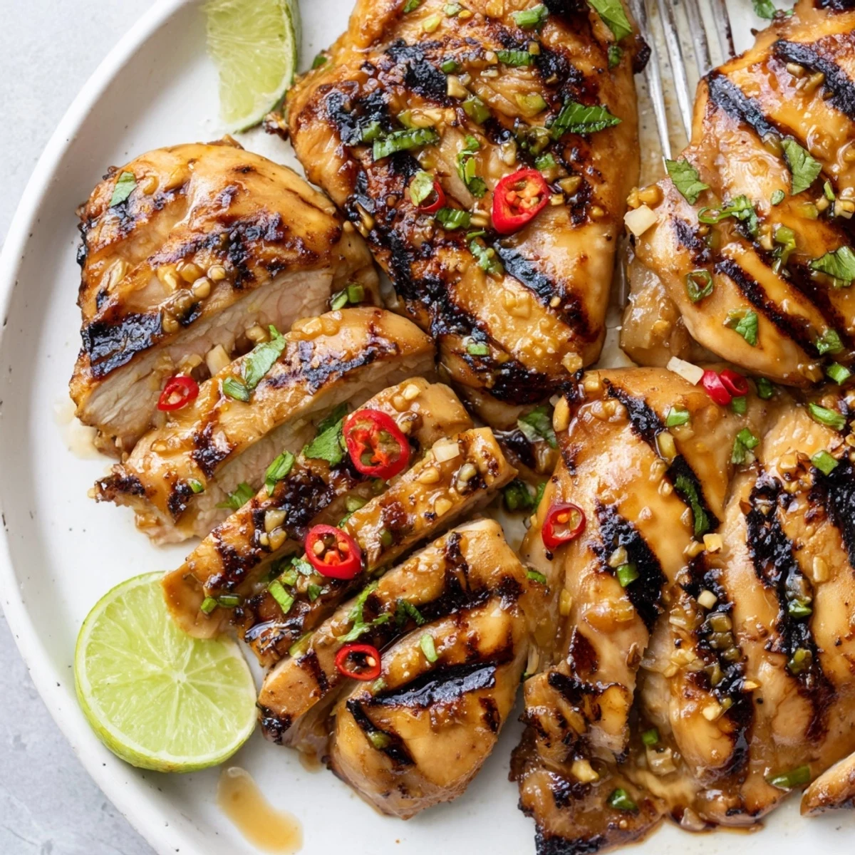 Grilled Vietnamese Chicken with charred edges, glossy glaze and cilantro garnish