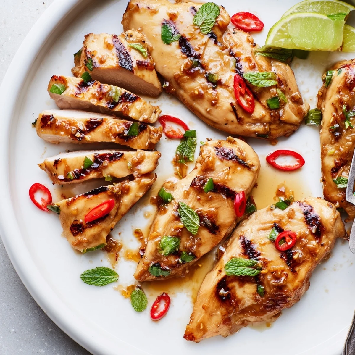 Plated Grilled Vietnamese Chicken sliced over jasmine rice, lime wedges, mint