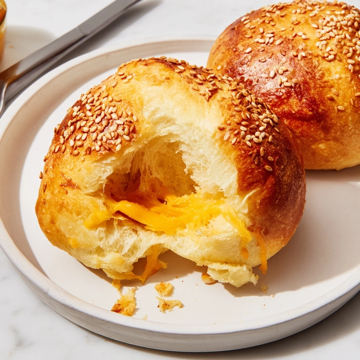 Warm Cheddar Cheese Buns Recipe photo showing golden tops, melted cheese