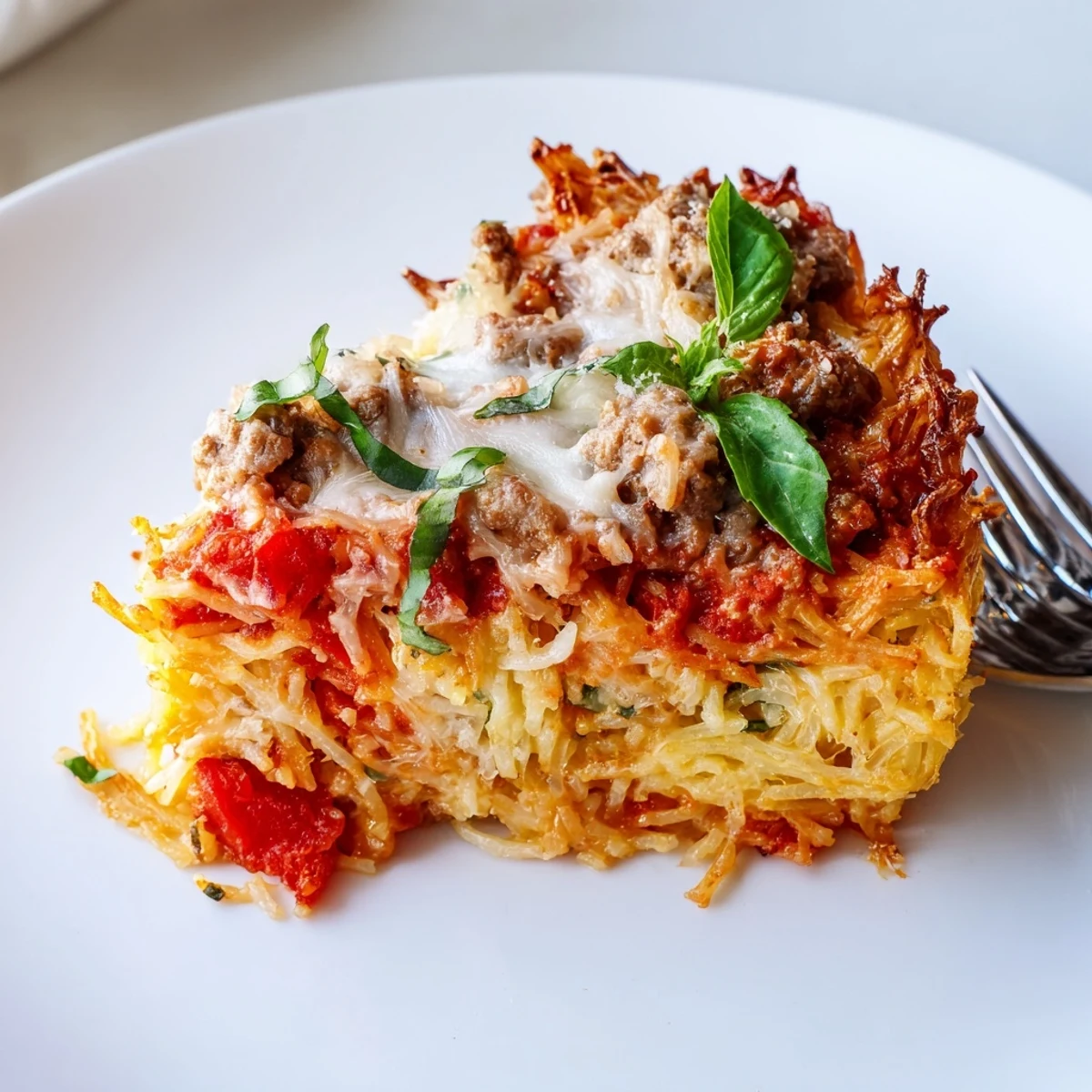 Spicy Spaghetti Pie bubbling with golden cheese, served with basil garnish