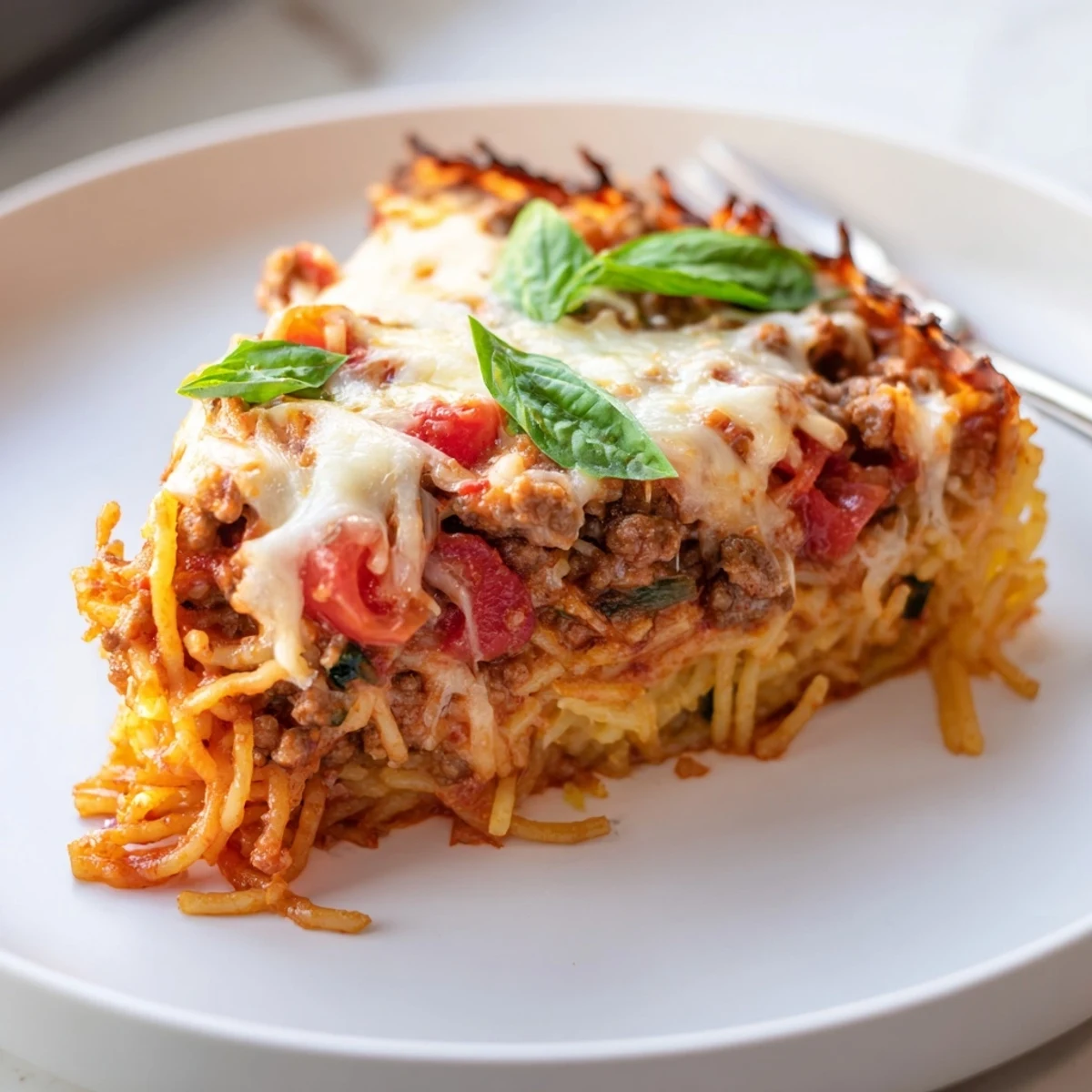 Oven baked Spicy Spaghetti Pie layered with zesty sausage and melted mozzarella