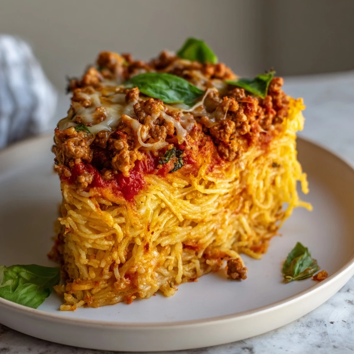 Slice of Spicy Spaghetti Pie showing crispy edges and gooey ricotta center
