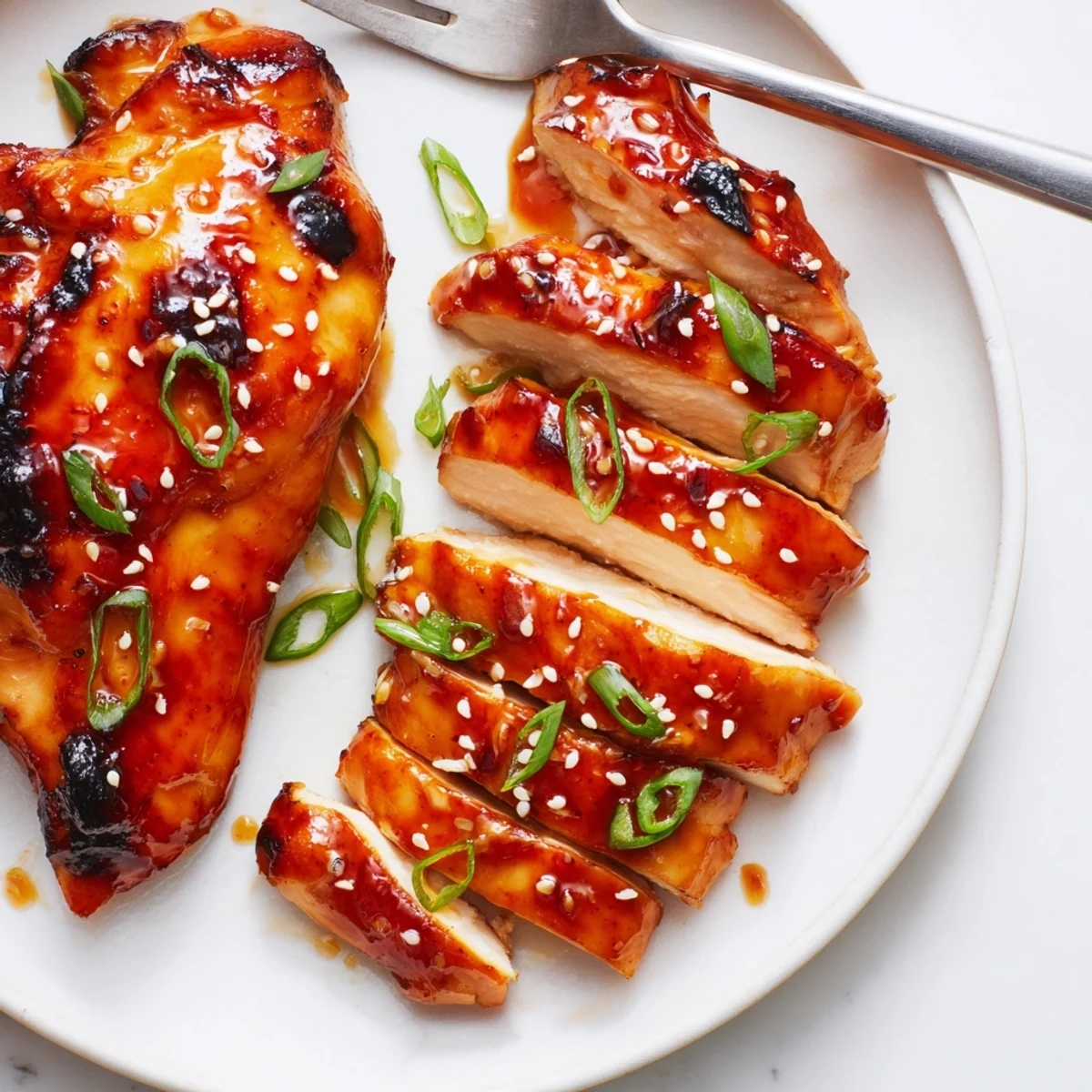 Sliced Spicy Maple Soy Chicken with sesame seeds, scallions, sweet-spicy aroma