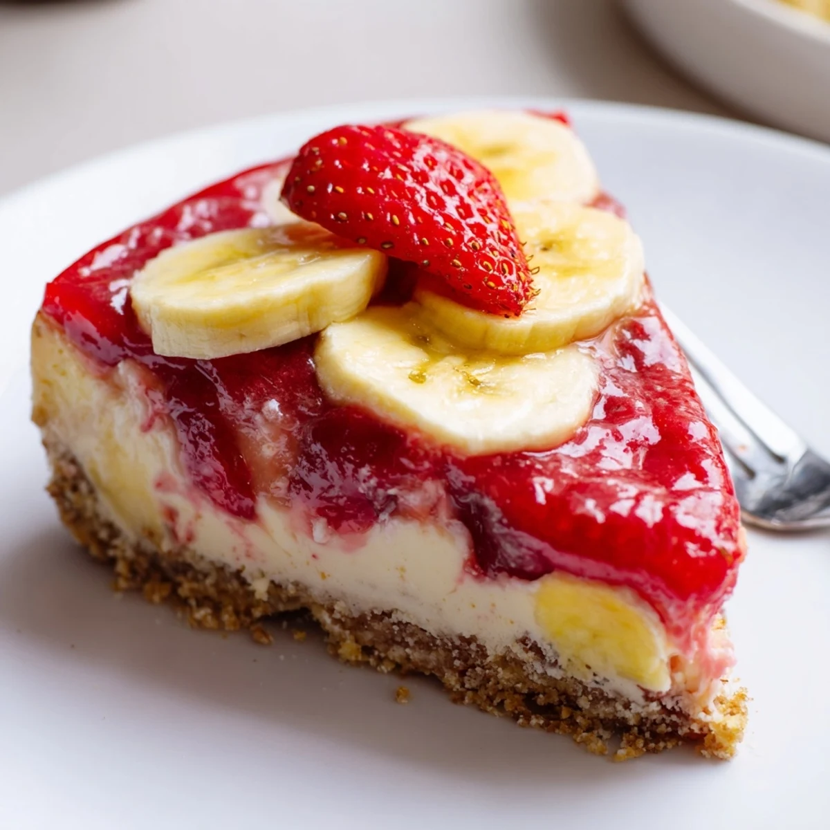 Banana Strawberry Cheesecake topped with glossy strawberry jam, chilled and sliced.