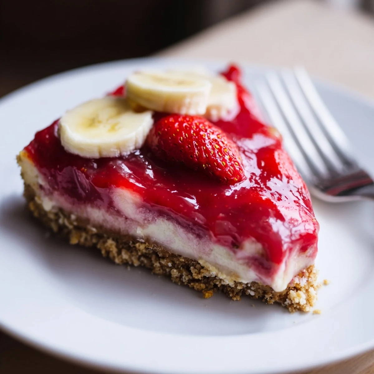 Slice of Banana Strawberry Cheesecake glistening with fresh strawberries, perfect for summer.