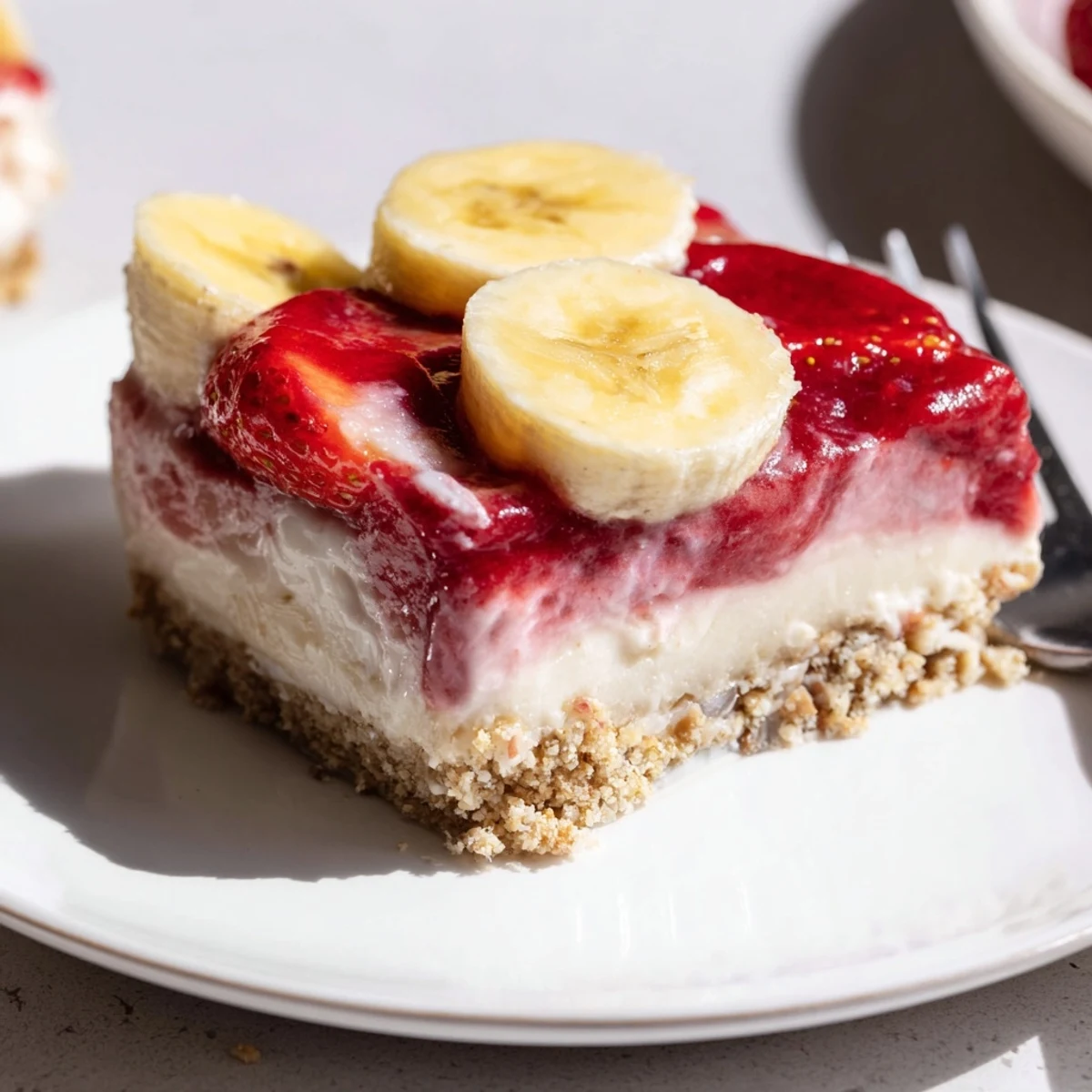 Creamy Banana Strawberry Cheesecake on graham crust, garnished with banana slices.