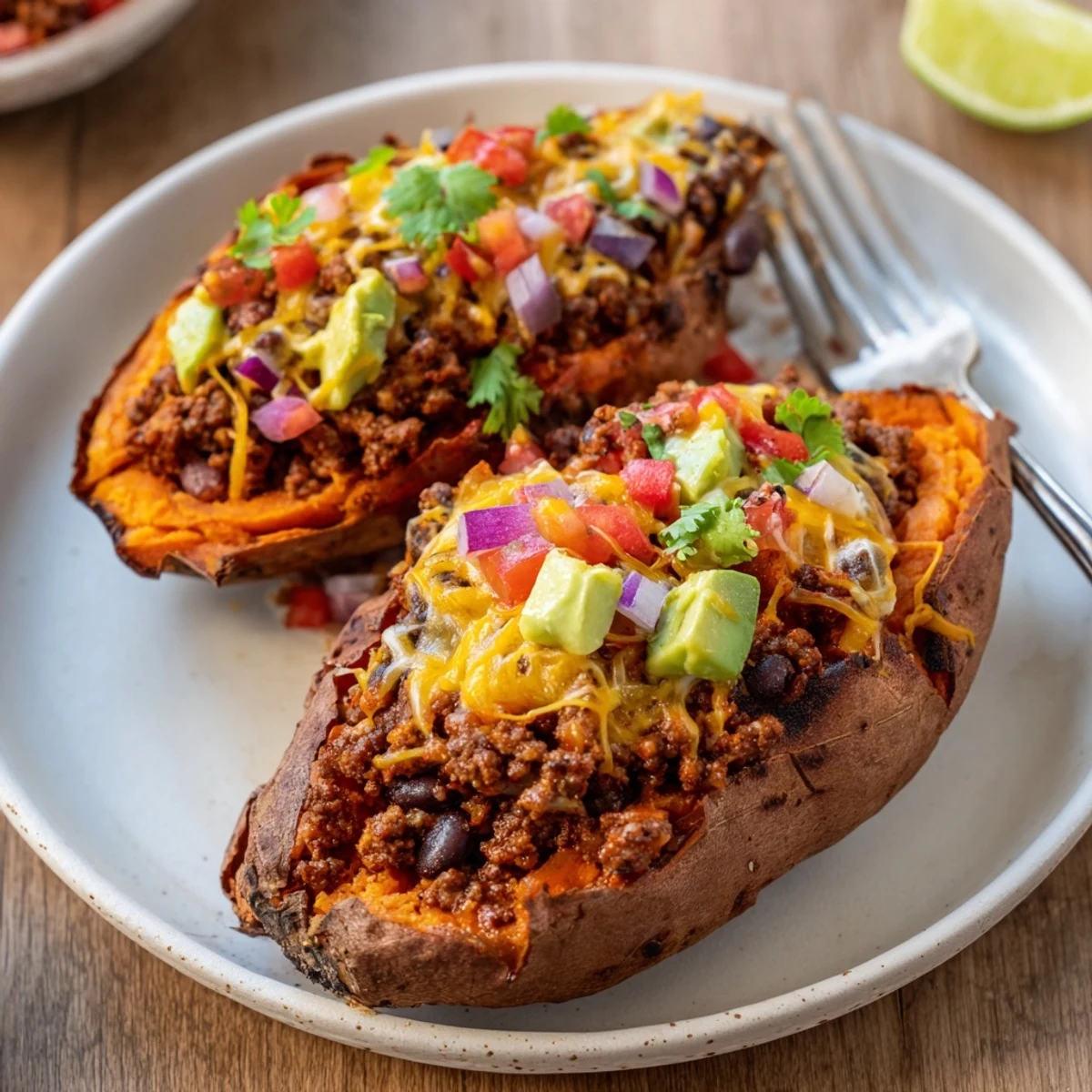 Taco Stuffed Sweet Potatoes steaming on a baking sheet, cheese melted  