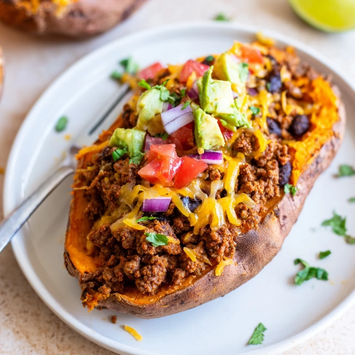 Slow roasted Taco Stuffed Sweet Potatoes filled with seasoned beef and salsa