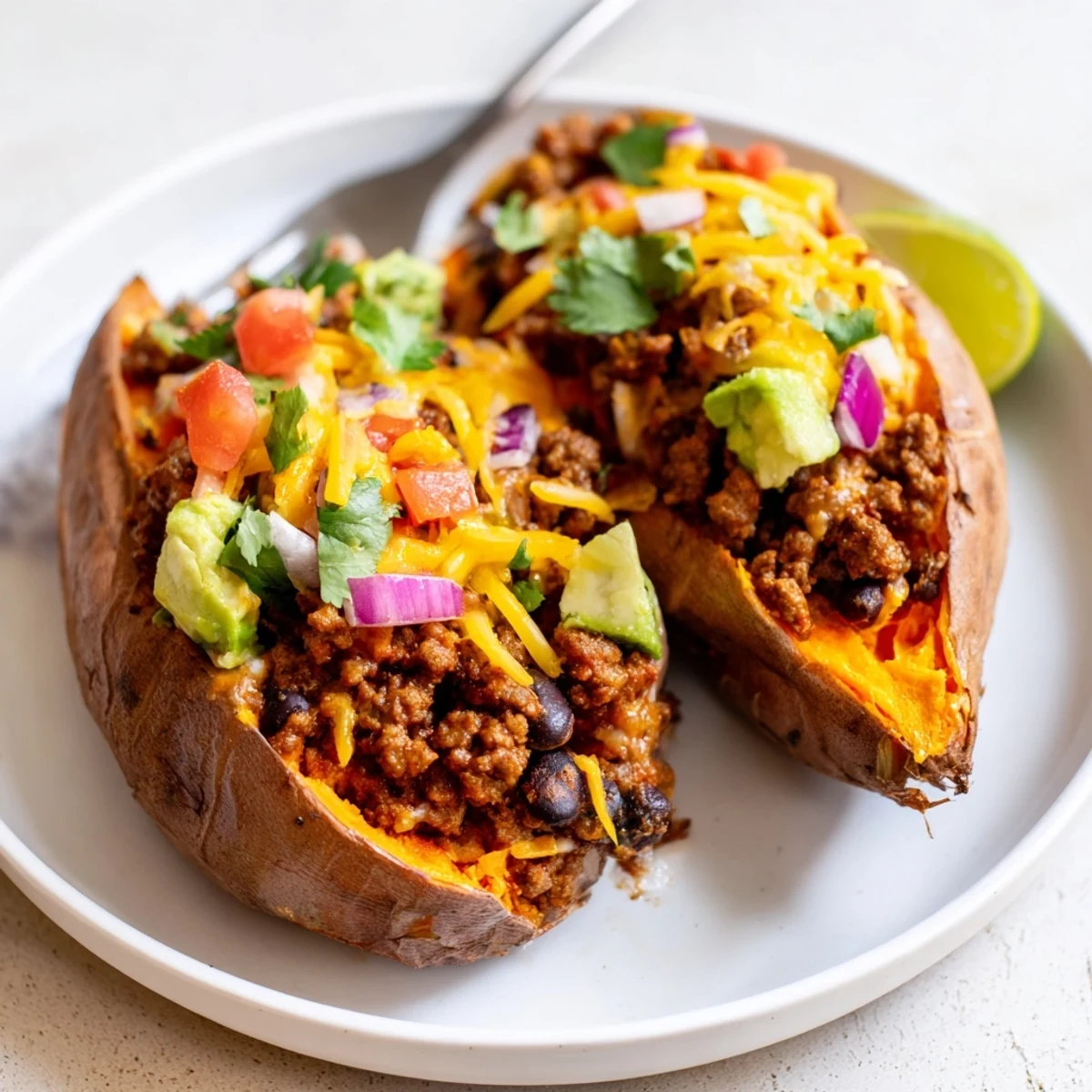 Fork fluffed Taco Stuffed Sweet Potatoes topped with avocado, cilantro, lime  