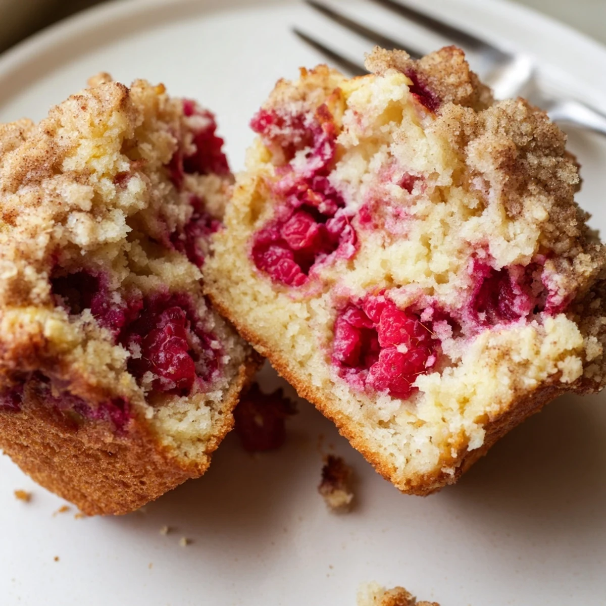 Raspberry Streusel Muffins steaming from oven, buttery streusel crunch, juicy raspberries