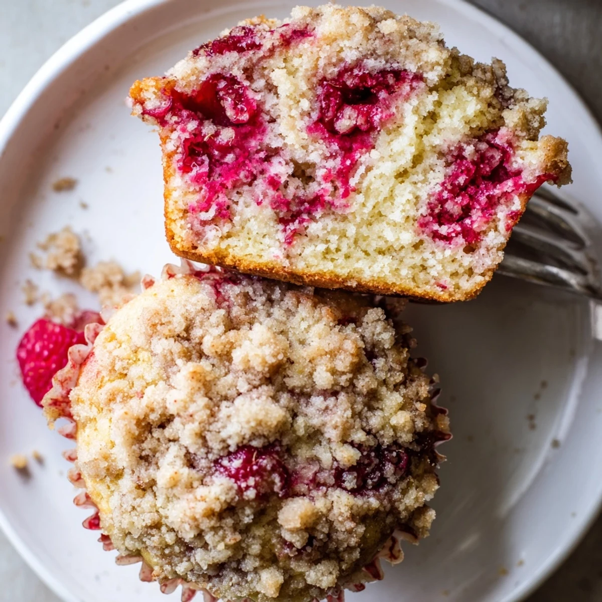 Warm Raspberry Streusel Muffins on a plate, tender crumb and bright raspberries