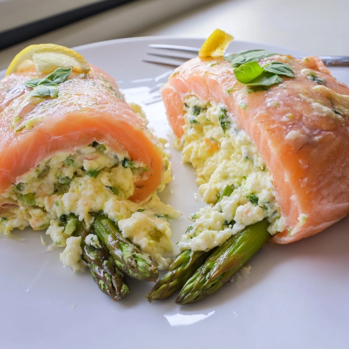 Asparagus Lemon Basil Ricotta Stuffed Salmon Rolls, flaky baked fillets with bright lemon