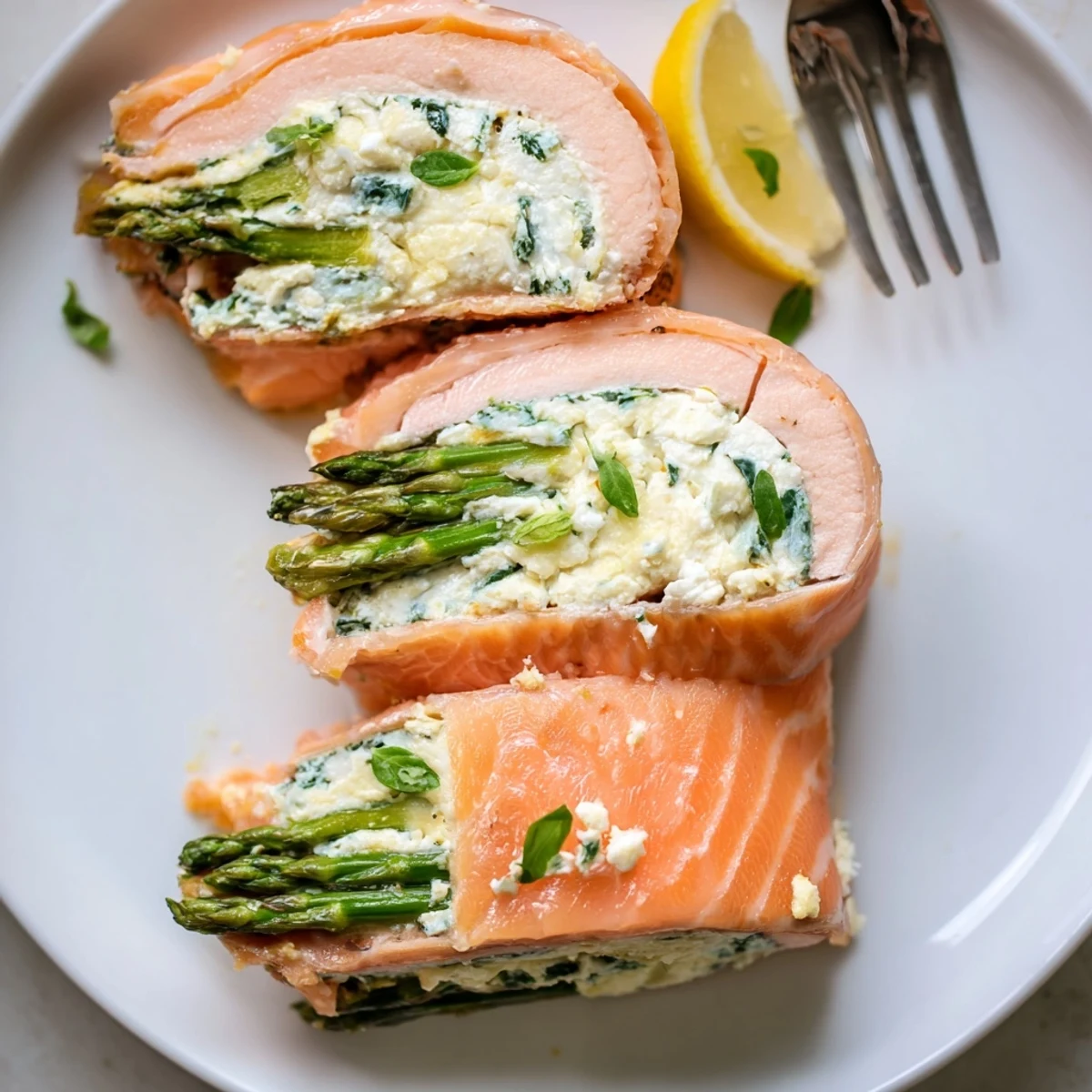 Flaky salmon fillets rolled into Asparagus Lemon Basil Ricotta Stuffed Salmon Rolls, creamy center