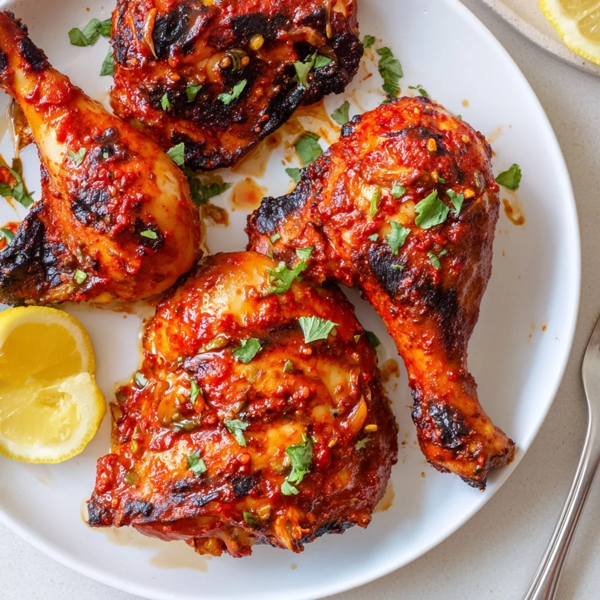 Crispy grilled Peri Peri Chicken glazed with spicy citrus marinade, lemon wedges