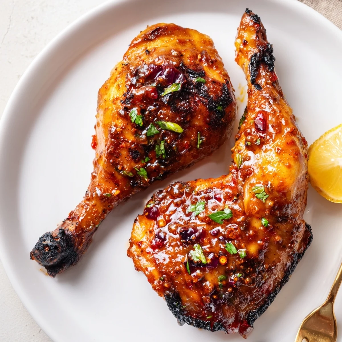 Juicy Peri Peri Chicken thighs and drumsticks resting, cilantro garnish, charred edges