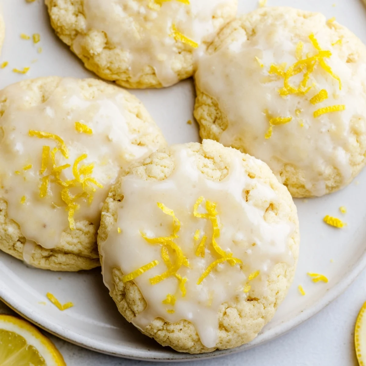 Plate of Lemon Cookies With Lemon Glaze, buttery edges and powdered sugar dusting