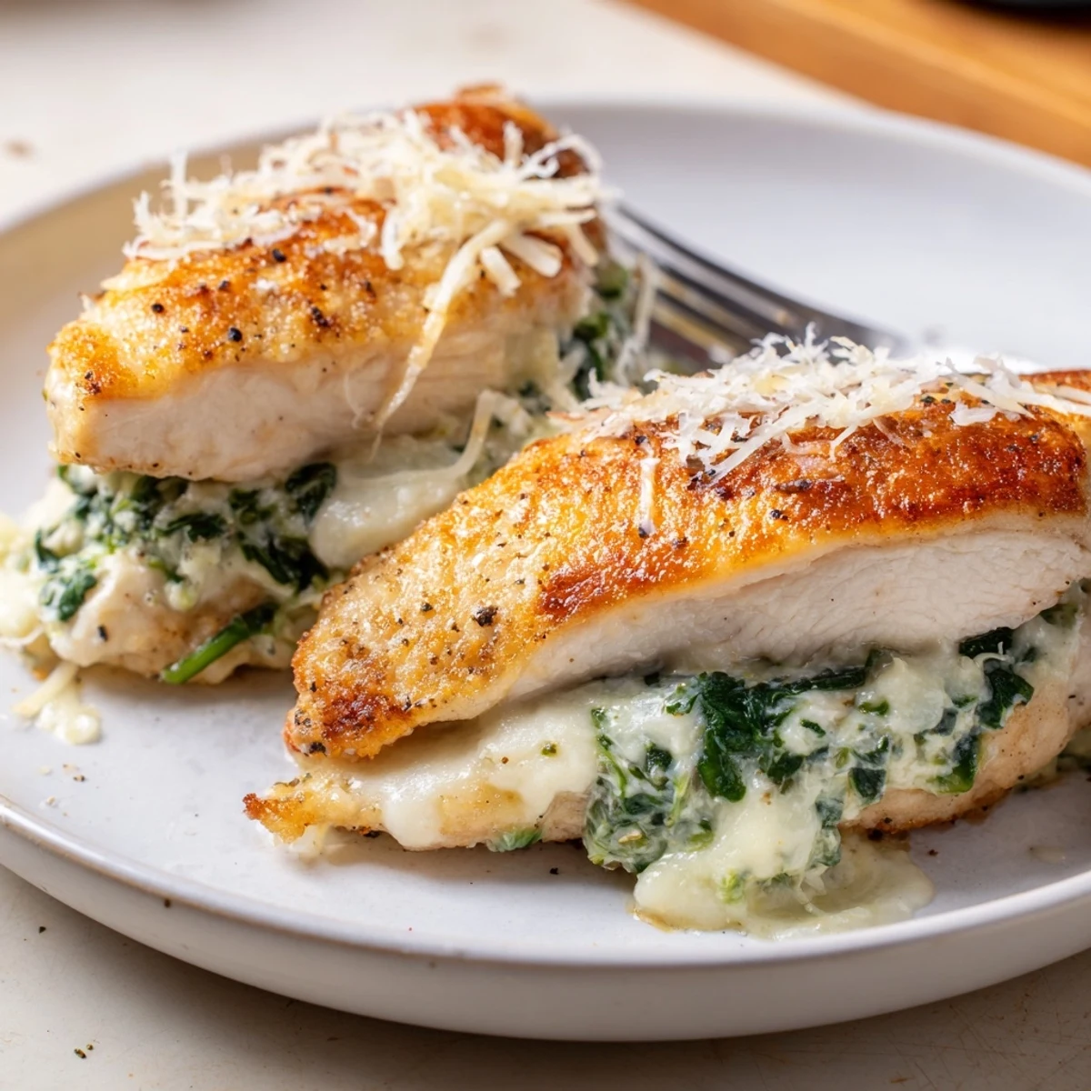 Baked Spinach Ricotta Chicken stuffed pockets oozing creamy filling, served hot