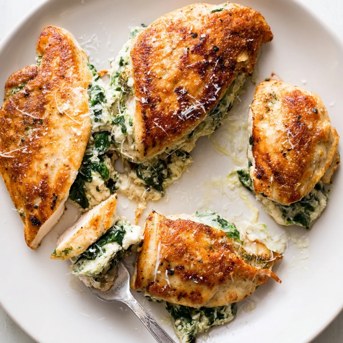 Spinach Ricotta Chicken with melted mozzarella, golden sear, steaming in dish