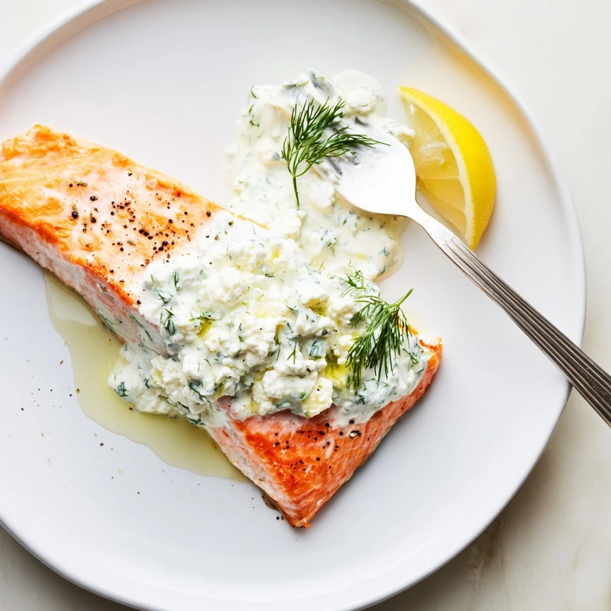 Oven baked Salmon With Feta Dill Sauce topped with lemon, flaky, creamy