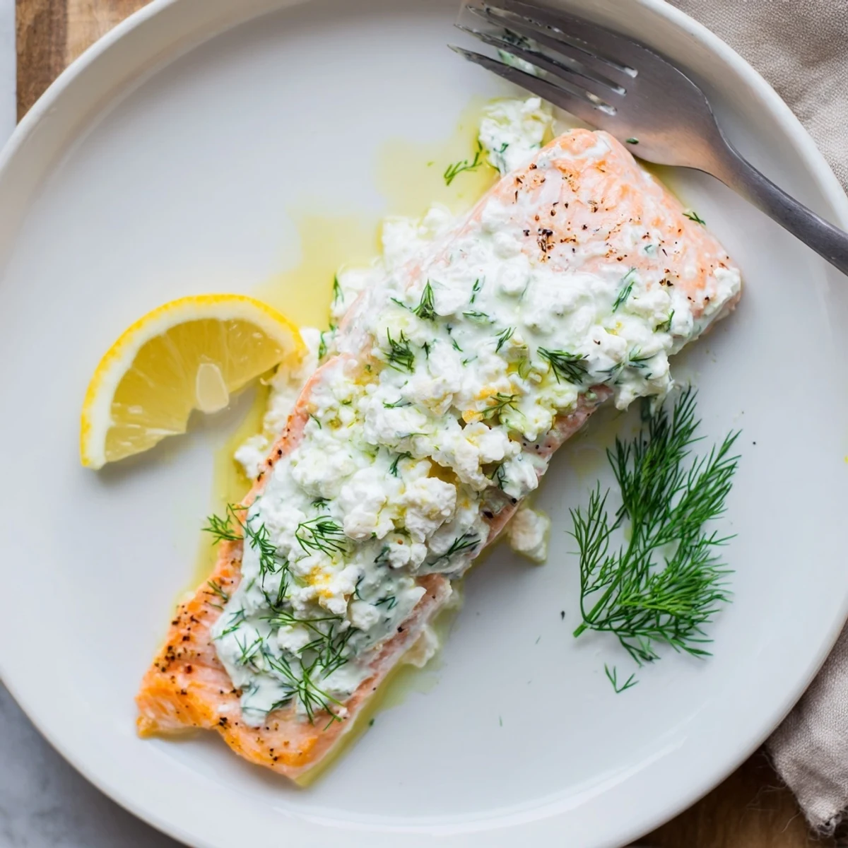 Pan seared Salmon With Feta Dill Sauce, creamy tang, garnished with dill