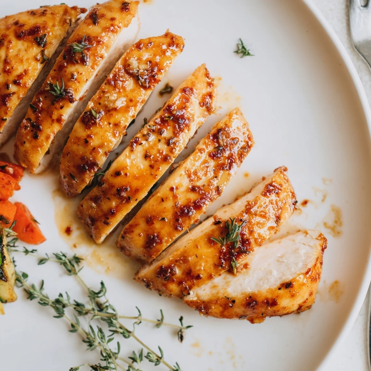 Sliced Air Fryer Chicken Recipe on plate, lemon zest and parsley garnish.