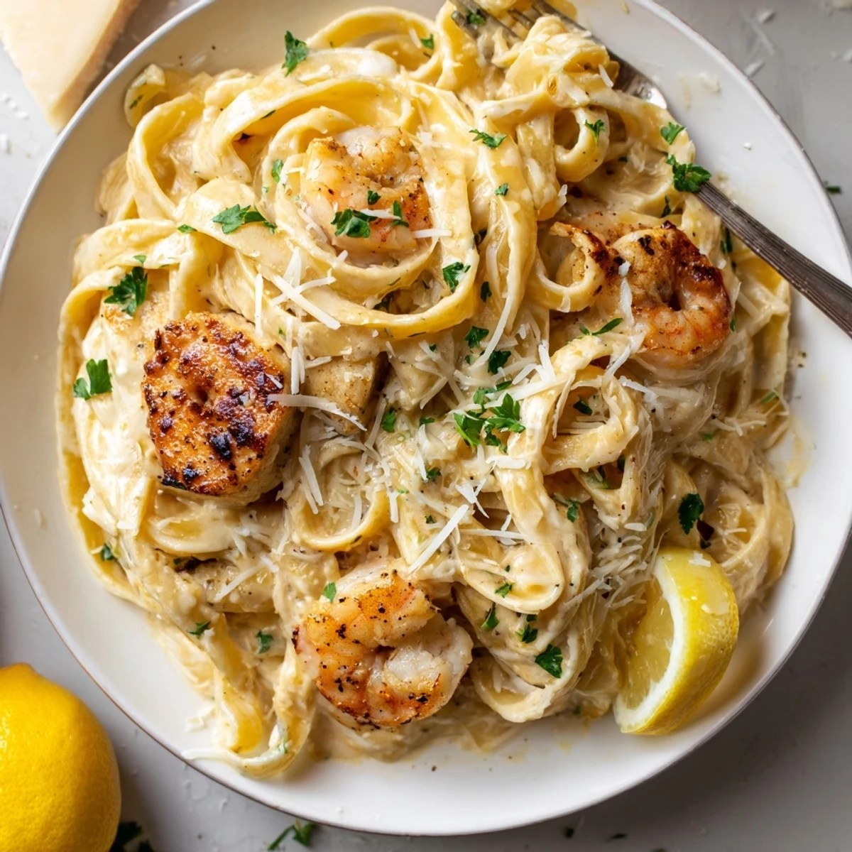 Creamy Lemon Garlic Shrimp Chicken Alfredo served over fettuccine, steaming, garnished with parsley