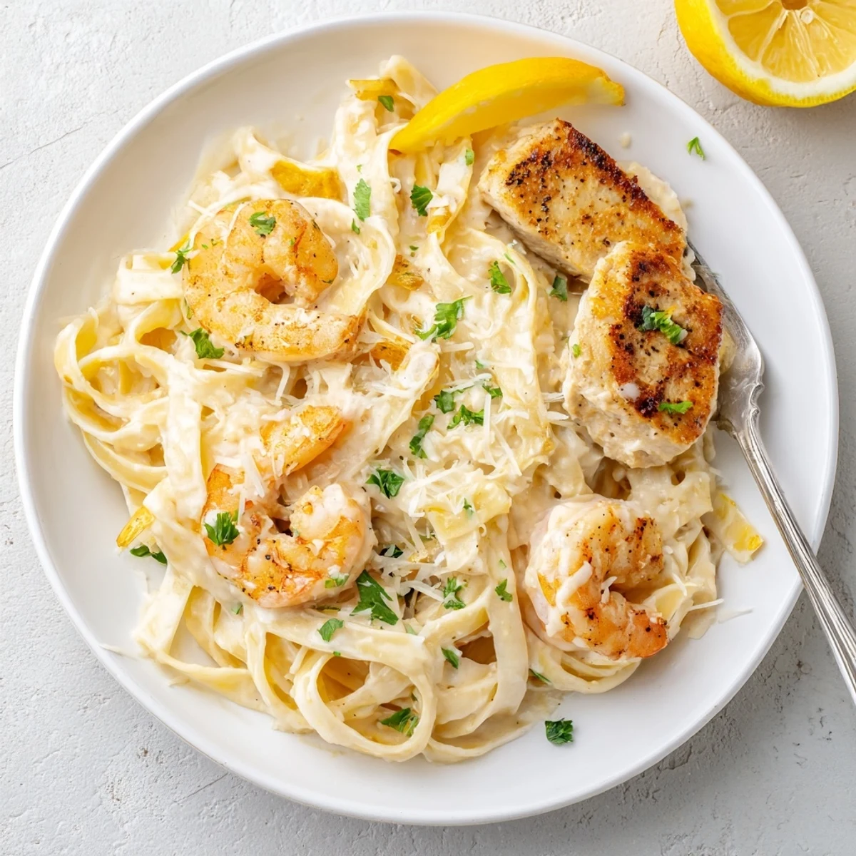 A bowl of Creamy Lemon Garlic Shrimp Chicken Alfredo with a bright lemon wedge