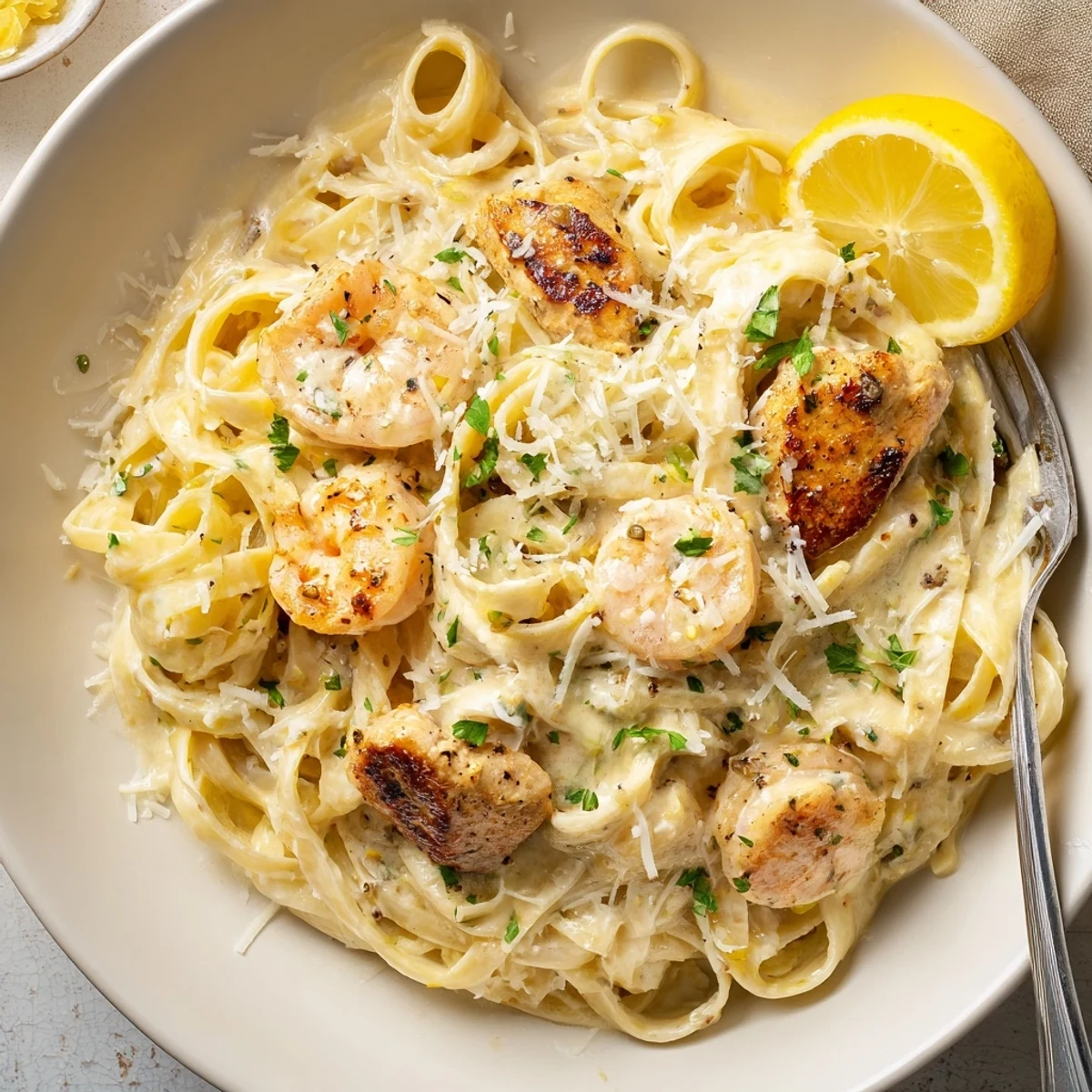 Tender chicken and juicy shrimp tossed in Creamy Lemon Garlic Shrimp Chicken Alfredo, silky sauce