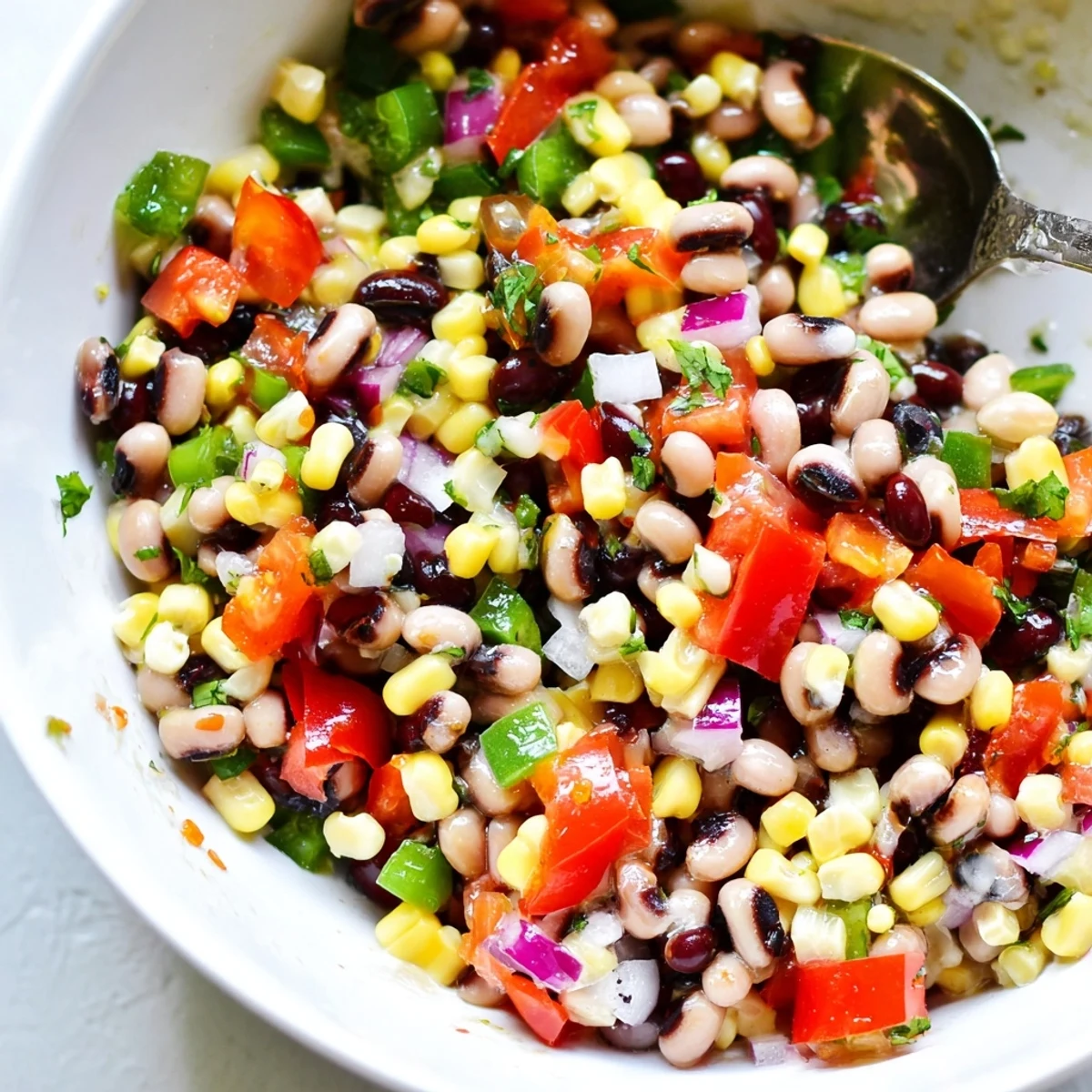 Cowgirl Caviar piled in bowl with bright vegetables and zesty dressing