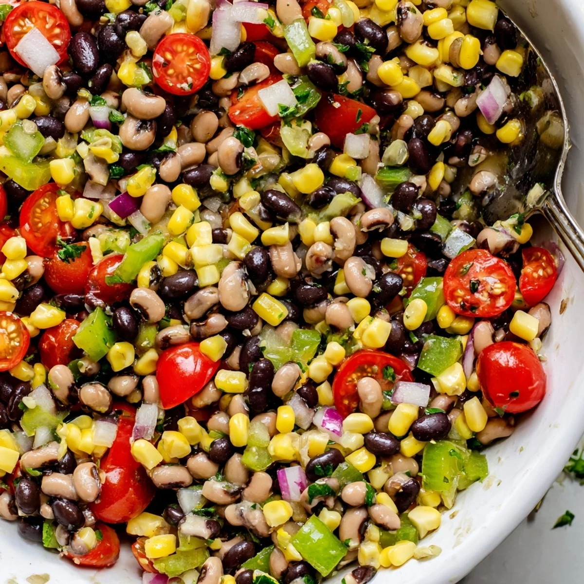Chilled Cowgirl Caviar featuring black beans, corn, peppers, and cilantro