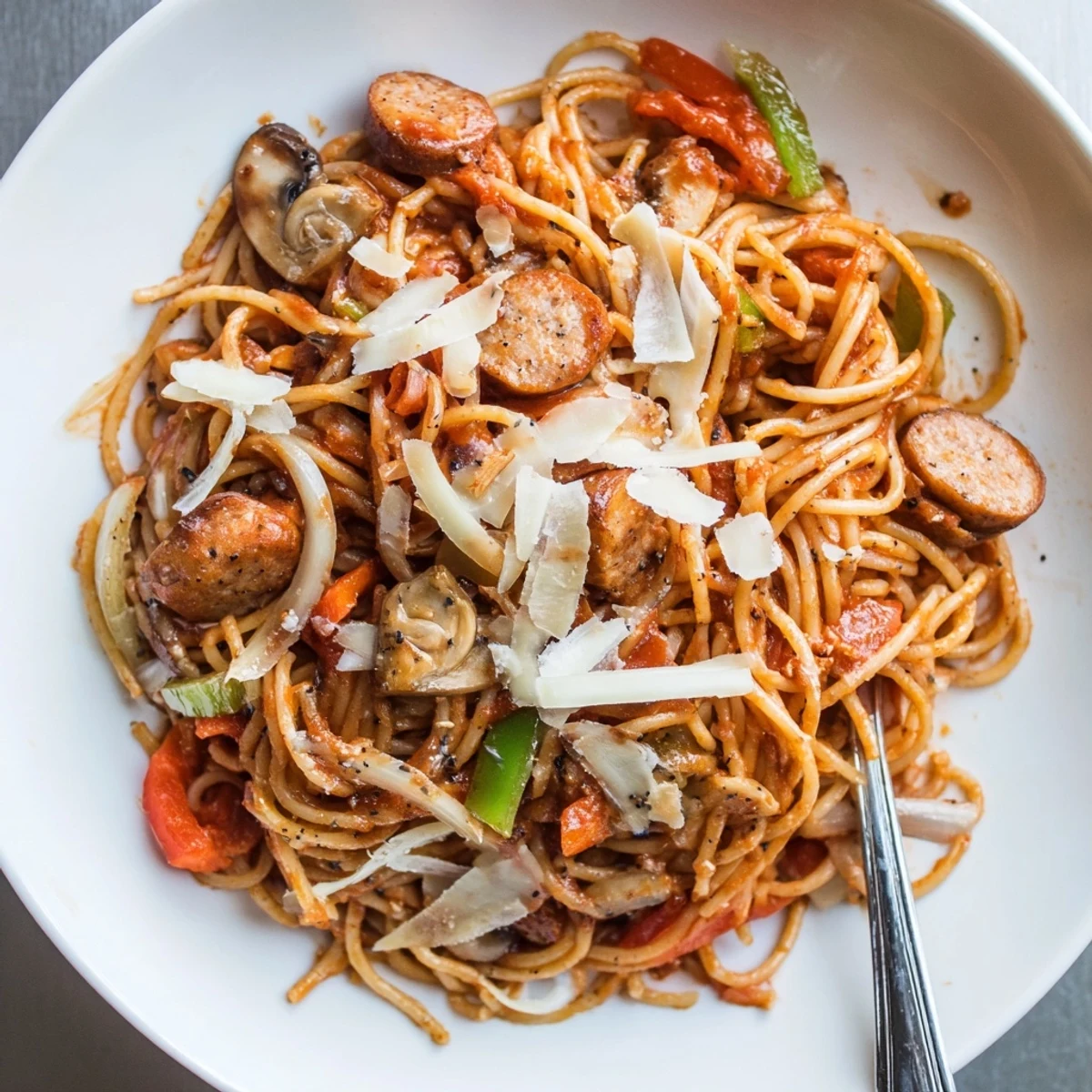 Spaghetti Napolitan with glossy ketchup sauce, sautéed peppers, sausage, steaming on plate