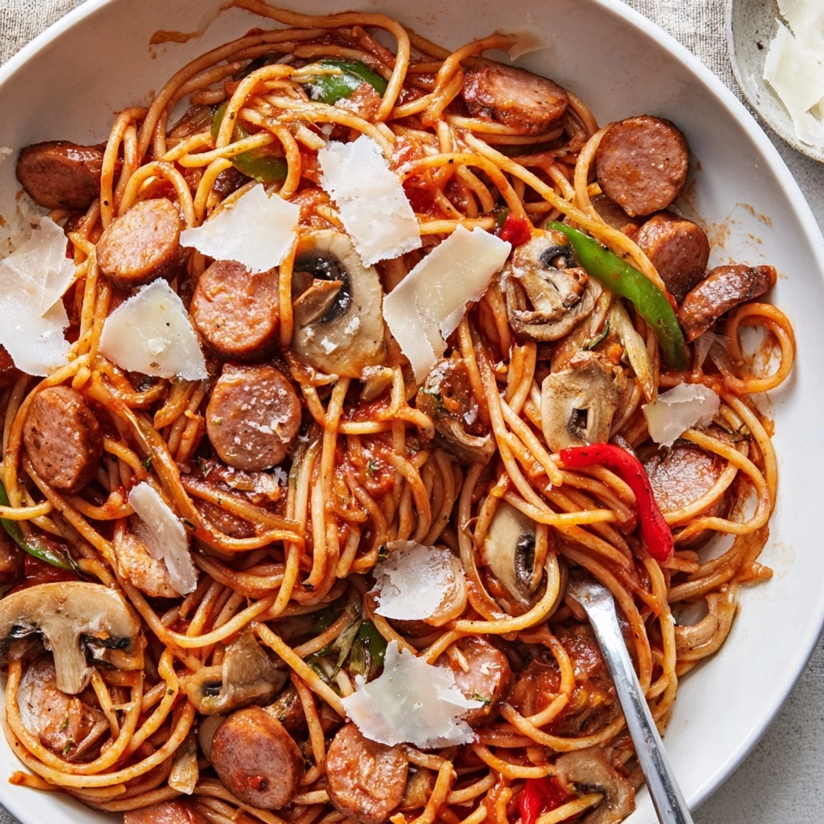 Butter glazed Spaghetti Napolitan tossed with mushrooms and parsley, savory aroma rising
