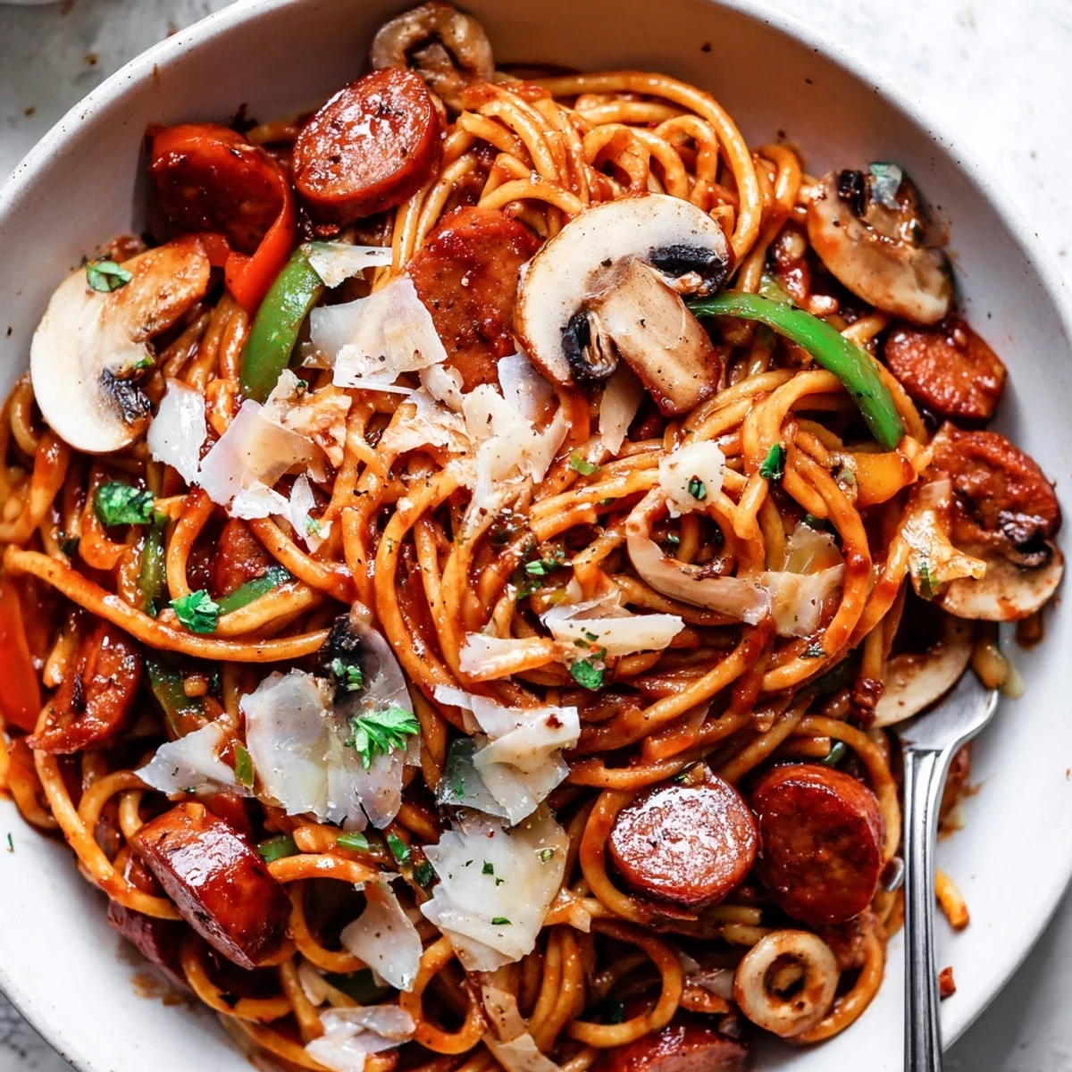 Homestyle Spaghetti Napolitan plated with sliced sausage, bright bell peppers, ready to serve