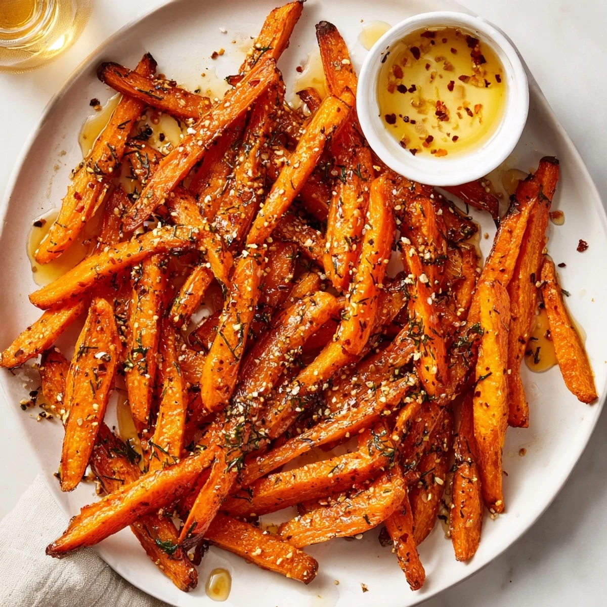 Crispy Carrot Fries With Feta Dip Spicy Honey Drizzle served warm with creamy feta