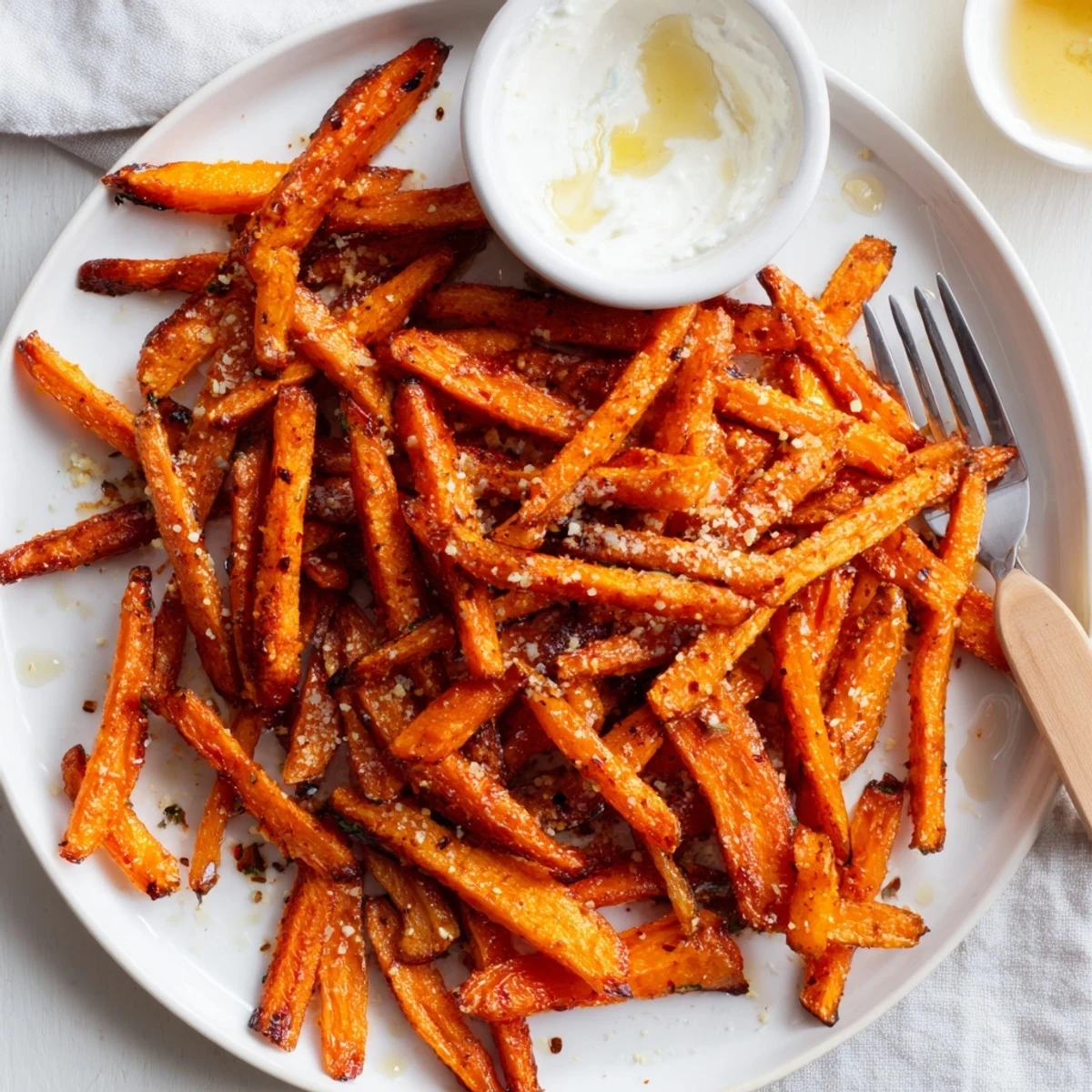 Close up of Crispy Carrot Fries With Feta Dip Spicy Honey Drizzle, sweet heat